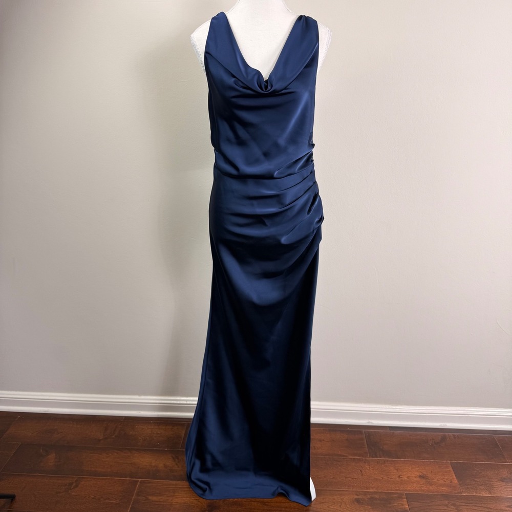 Lovers and Friends Effie Gown in Navy  Satin Open Back Ruched Side Slit Medium